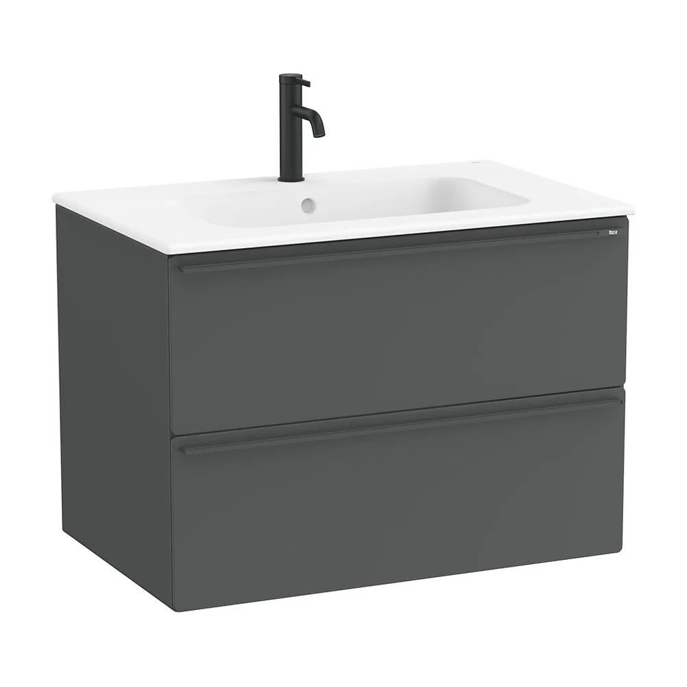 Mueble base suspendido con dos cajones y lavabo de porcelana blanco mate 81x51x56 cm Roca - Vista 2