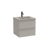Mueble base suspendido con dos cajones y lavabo porcelana gris arena 61x51x56 cm Roca