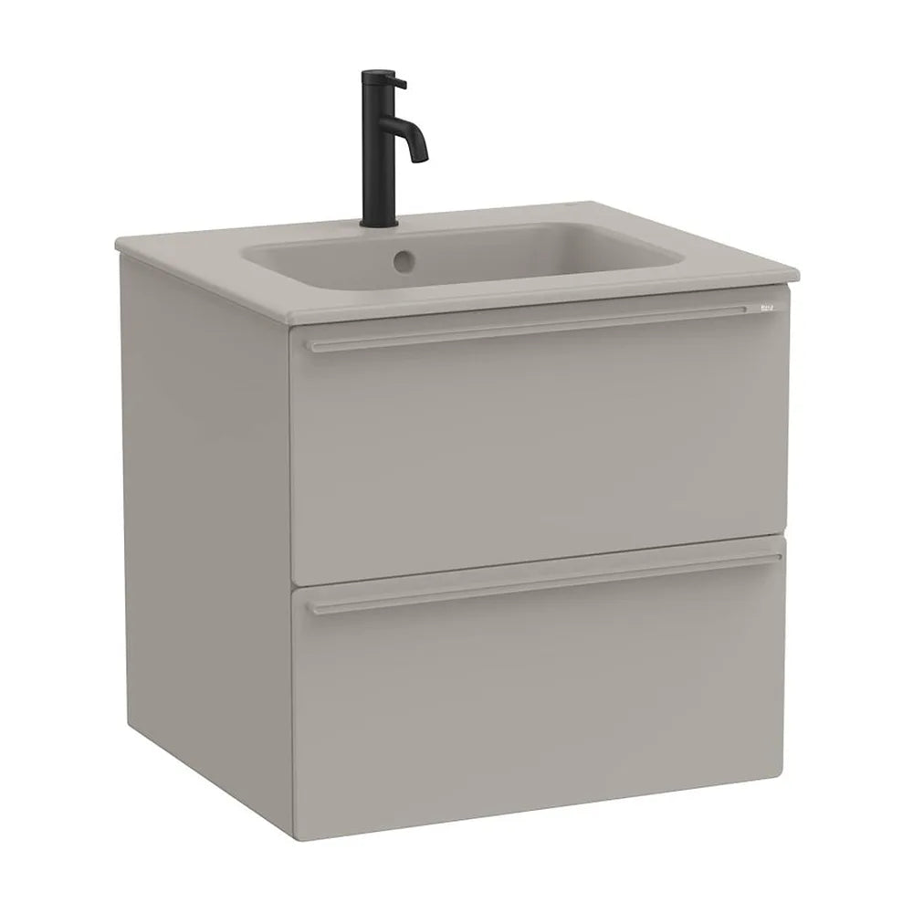 Mueble base suspendido con dos cajones y lavabo porcelana gris arena 61x51x56 cm Roca - Vista 2