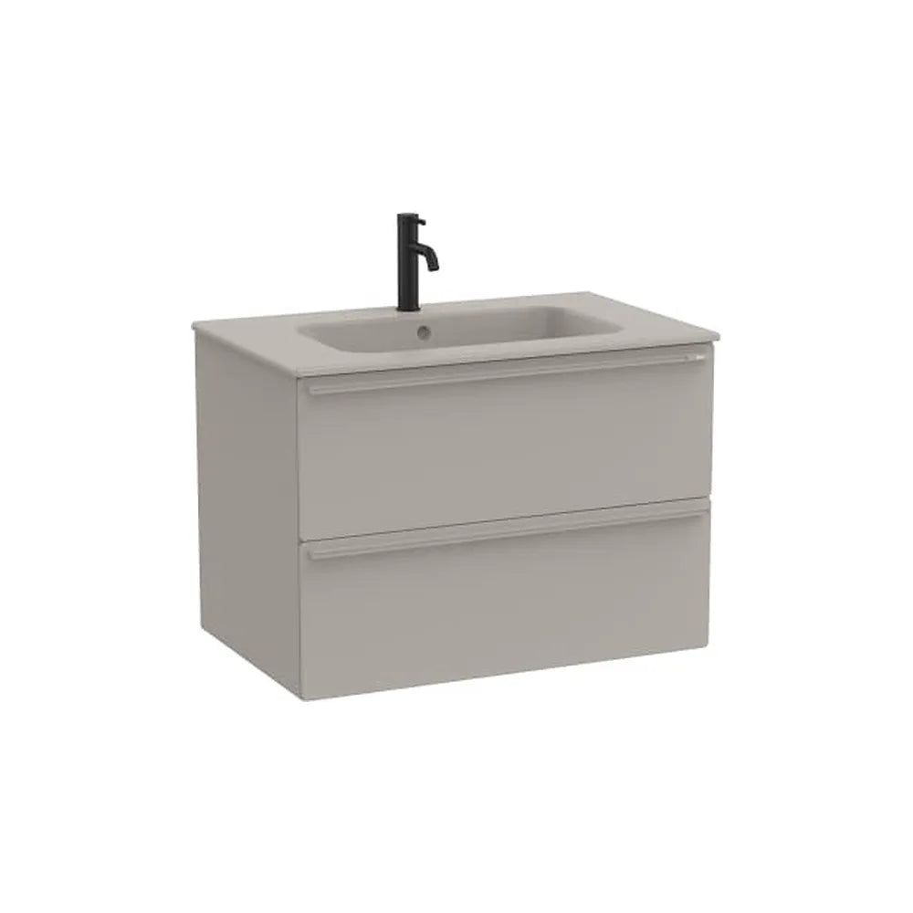Mueble base suspendido con dos cajones y lavabo porcelana gris arena 81x51x56 cm Roca - Vista 1