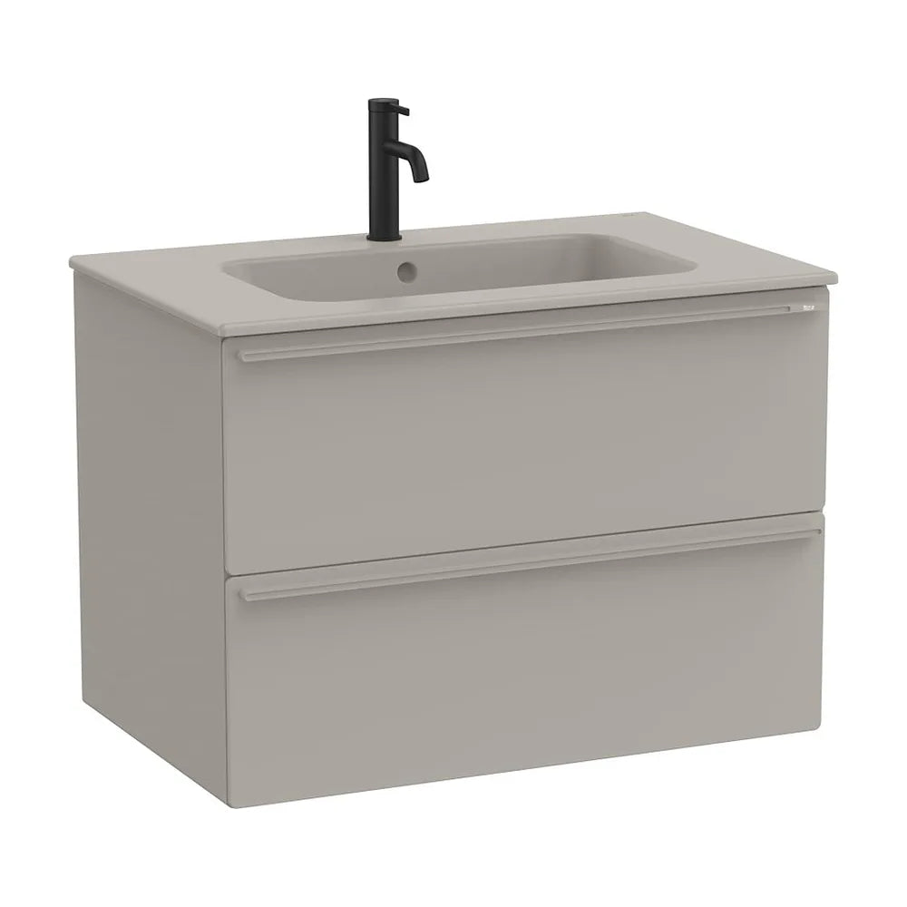 Mueble base suspendido con dos cajones y lavabo porcelana gris arena 81x51x56 cm Roca - Vista 2