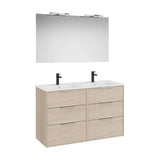 Pack mueble base compacto seis cajones lavabo doble porcelana espejo aplique Led Roca