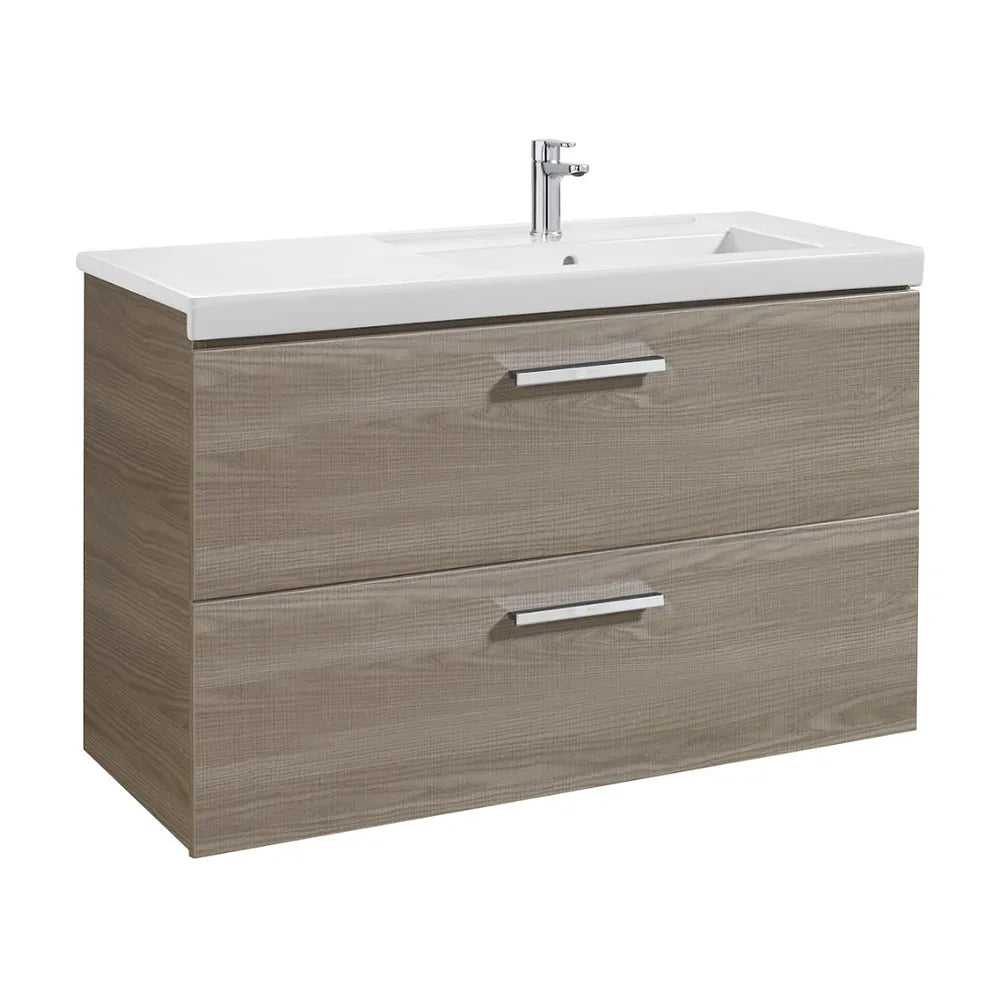 Mueble con dos cajones y lavabo derecho de 110 cm de ancho en color Fresno Unik Prisma Roca - Vista 1