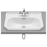 Lavatório de 60 cm para encastre sobre bancada fabricado em porcelana de cor branca Camen Roca