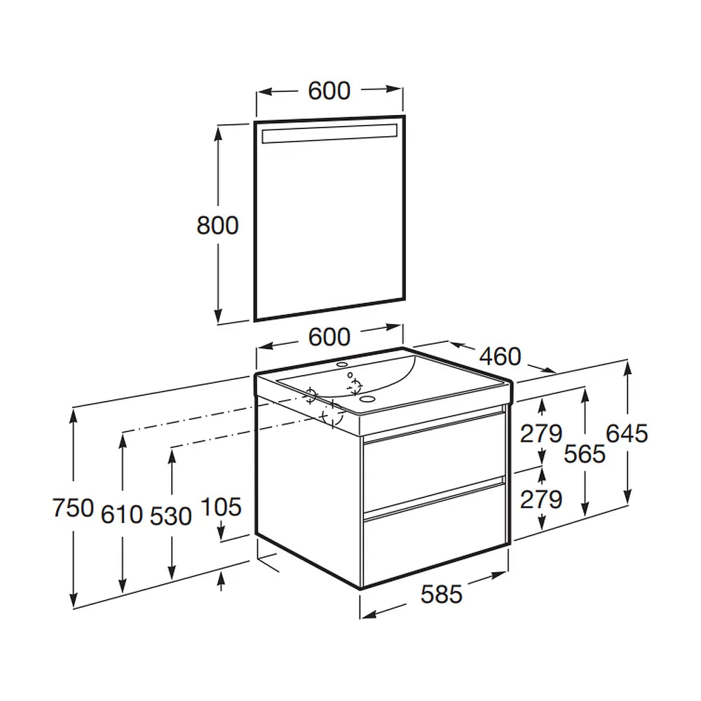 Conjunto de baño con espejo y mueble de 65 cm en acabado roble claro Unik Ella Ona Roca - Vista 2