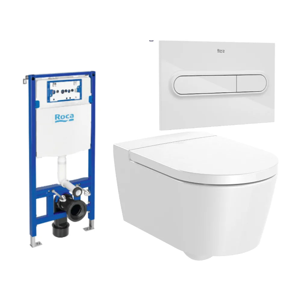 Pack de inodoro suspendido Rimless salida horizontal con tapa amortiguada cisterna placa pulsadora ROUND ROCA - Vista 1
