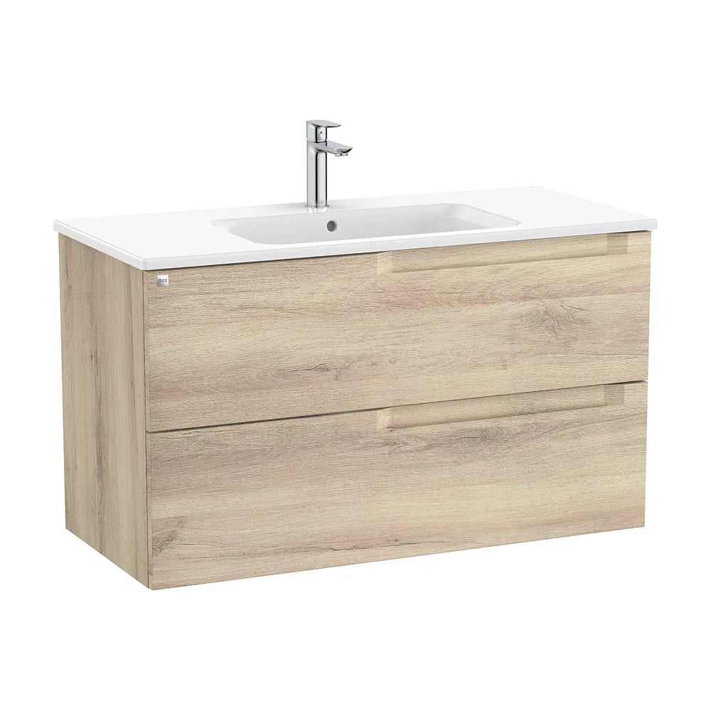 Mueble de baño de aglomerado con lavabo de porcelana en acabado color beige Unik Roca - Vista 1