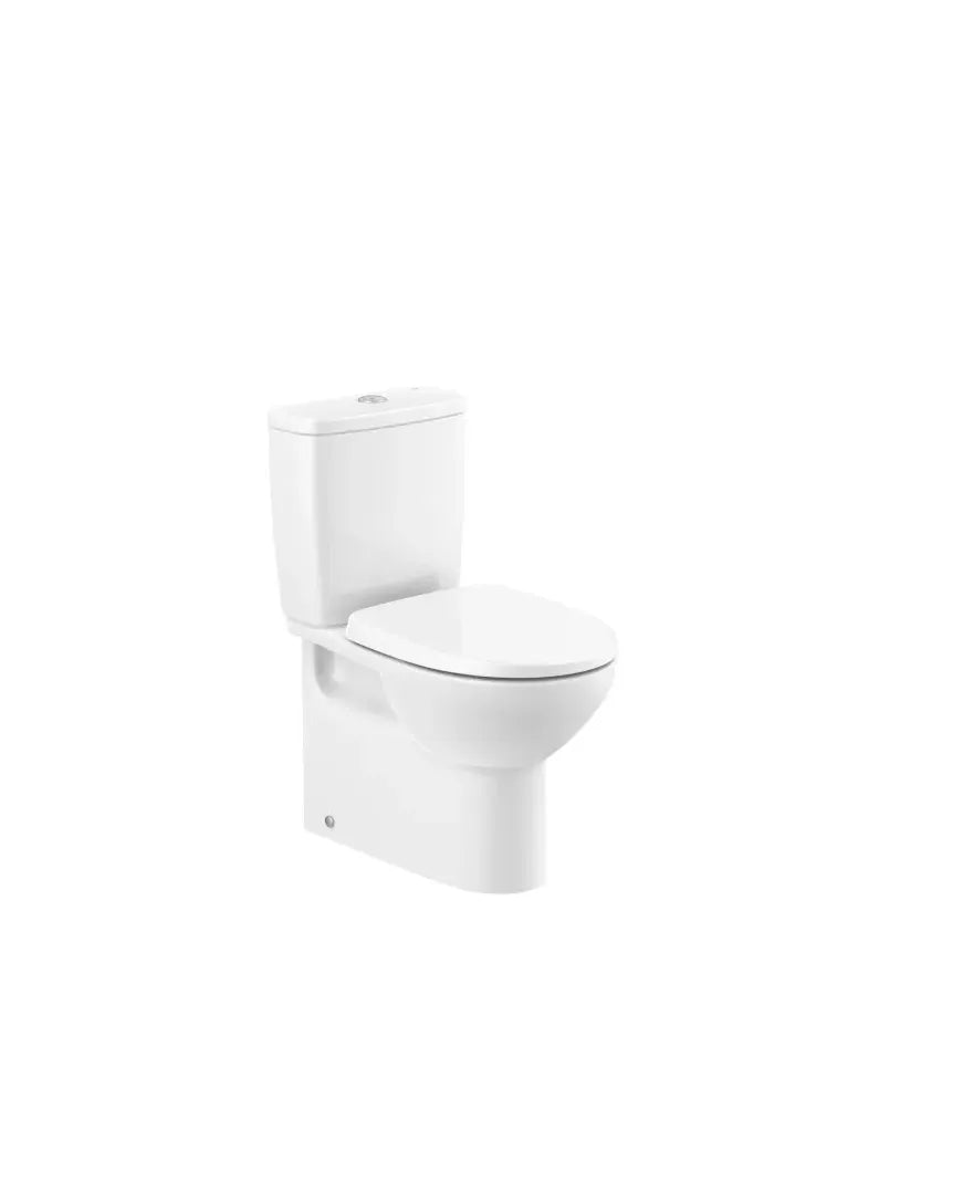 Roca Victoria Cuvette compacte de toilette à montage bas adossée au mur avec technologie rimless et évacuation double, de couleur blanche