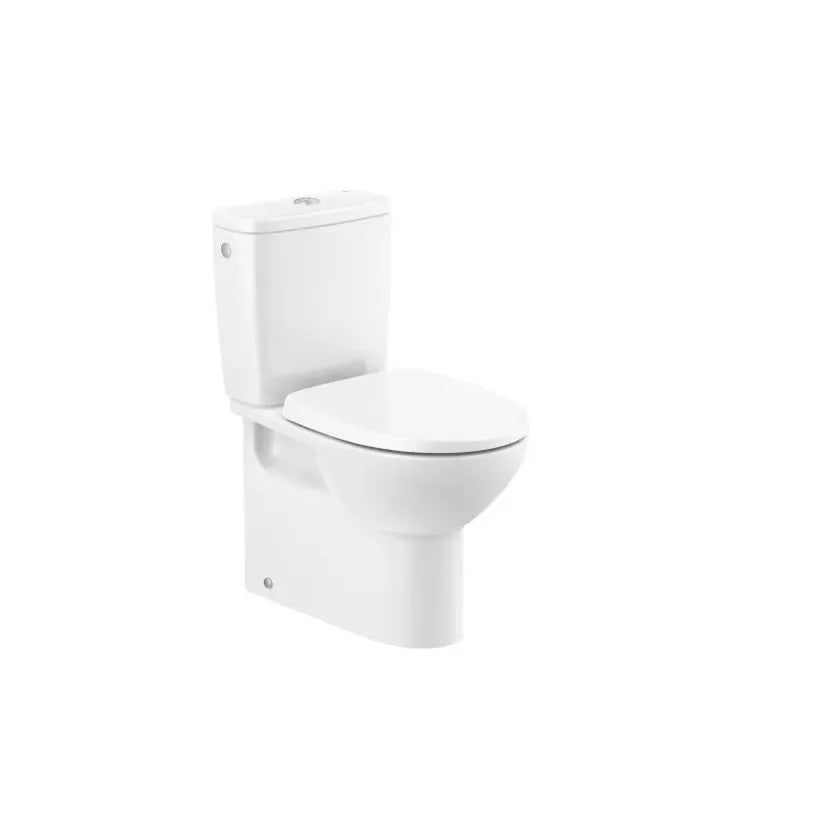 Roca Victoria Cuvette compacte de toilette à montage bas adossée au mur avec technologie rimless et évacuation double, de couleur blanche