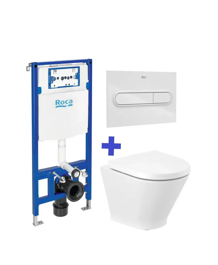Inodoro compacto suspendido Roca The Gap Round Rimless con cisterna empotrable WC One, diseño moderno y eficiente para baño en España