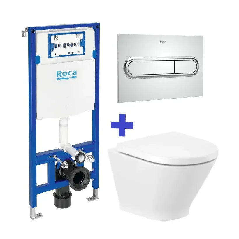 Inodoro compacto suspendido Roca The Gap Round Rimless con cisterna empotrable WC One, diseño moderno y eficiente para baño en España