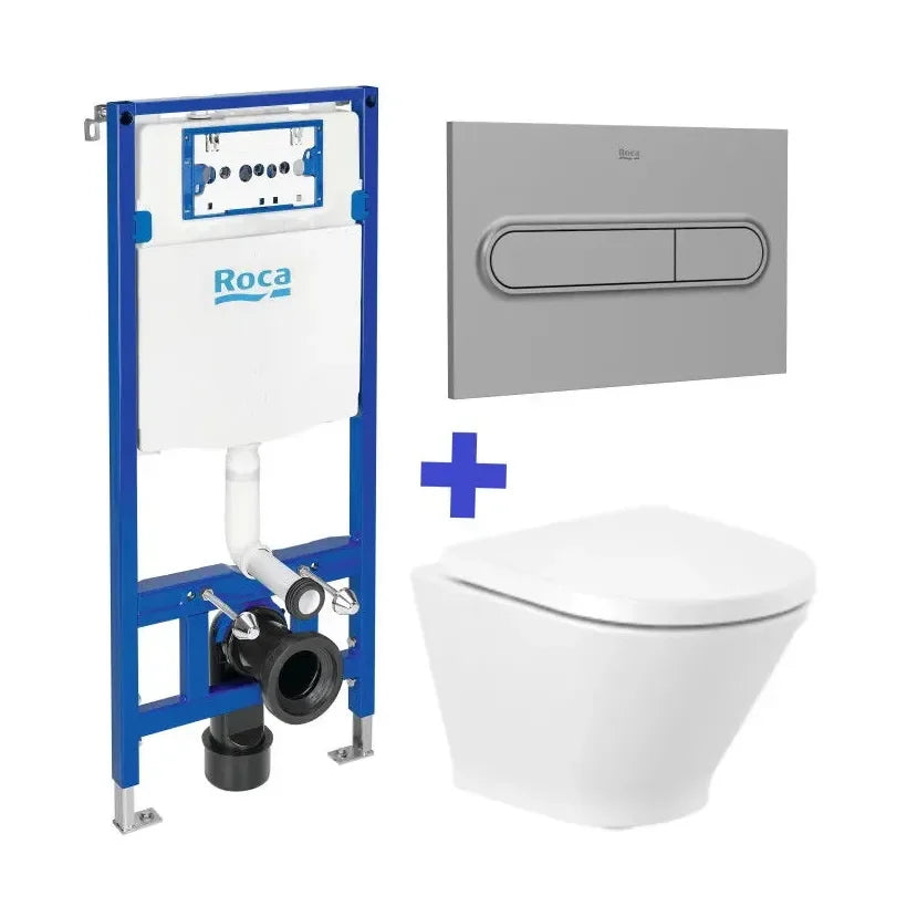 Inodoro compacto suspendido Roca The Gap Round Rimless con cisterna empotrable WC One, diseño moderno y eficiente para baño en España