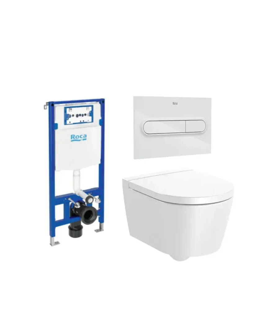 ROCA ROUND Pack de vaso sanitário suspenso Rimless 48 cm de profundidade saída horizontal tampa amortecida caixa acoplada placa de acionamento