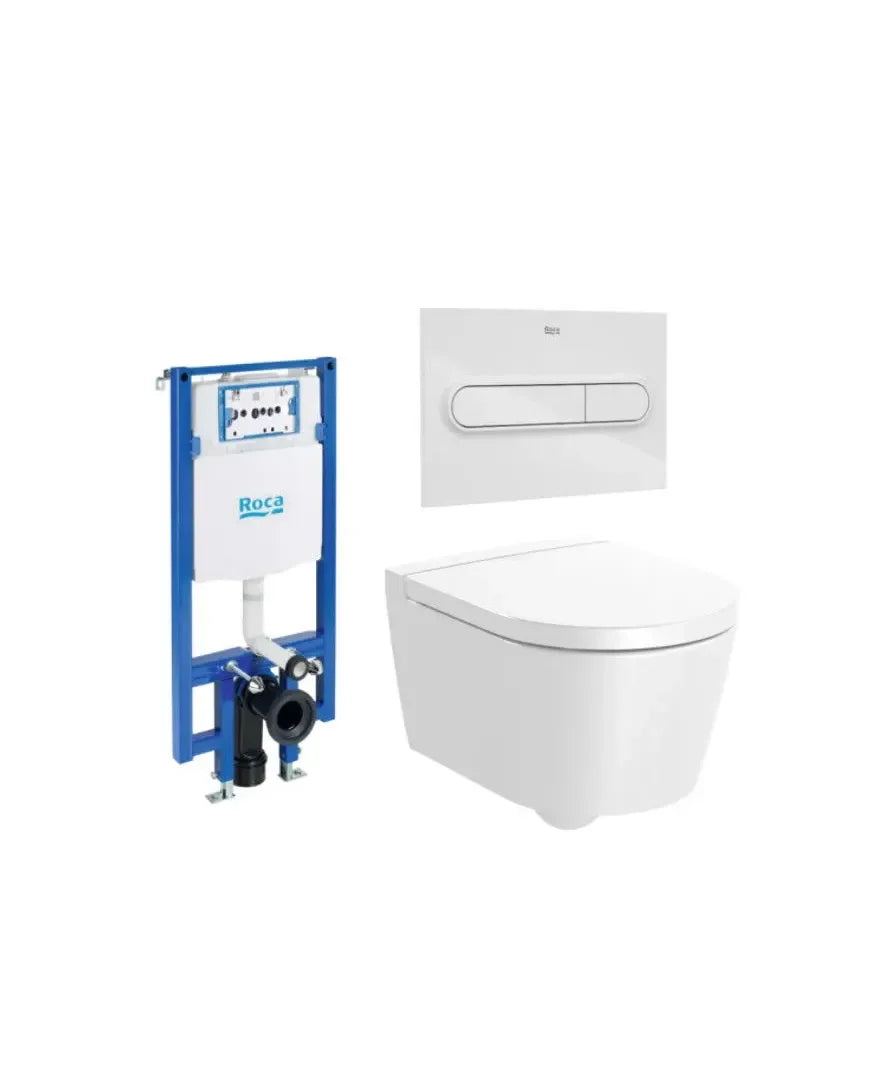 ROCA ROUND Pacote de vaso sanitário suspenso Rimless 48 cm de profundidade saída horizontal tampa com amortecimento caixa acoplada e placa de acionamento