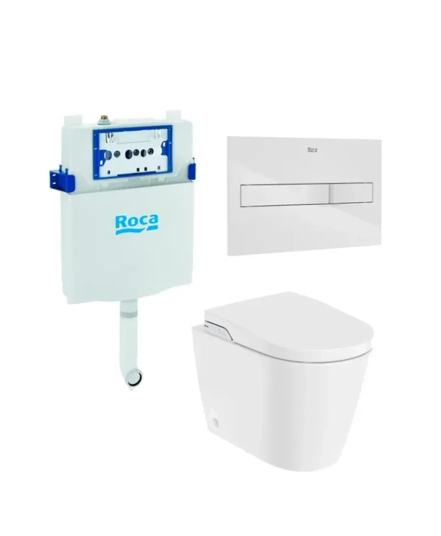 ROCA Inspira In Wash Pack WC au sol avec système de nettoyage automatique Rimless, réservoir encastré et plaque de commande