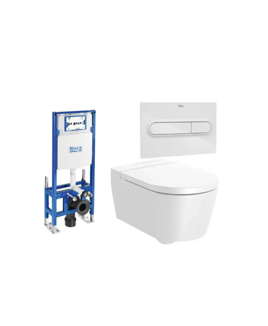 ROCA ROUND WC suspendu sans rebord de 56 cm de profondeur avec sortie horizontale, avec couvercle de réservoir et plaque de poussée
