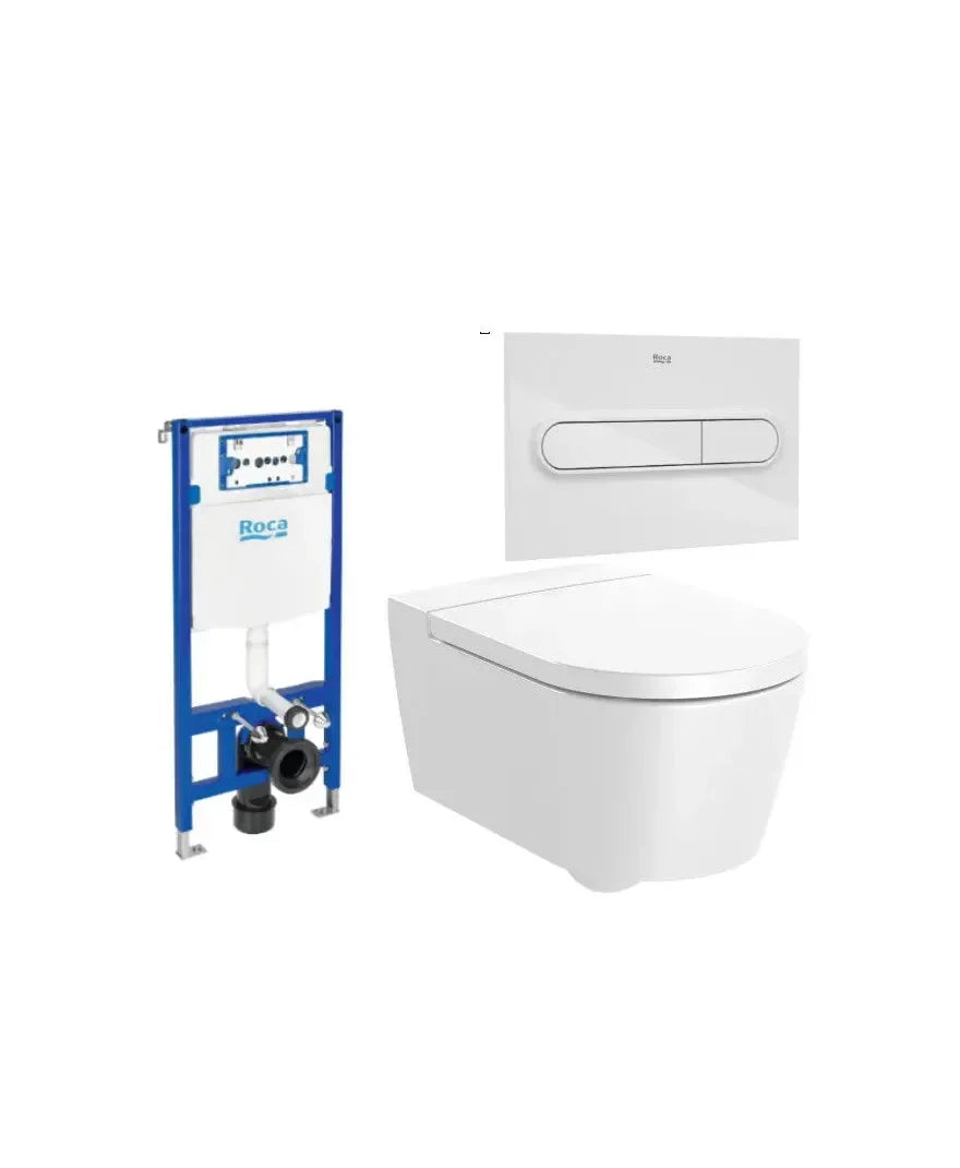 ROCA ROUND Pacote de vaso sanitário suspenso Rimless com saída horizontal, tampa amortecida, caixa de descarga e placa de acionamento