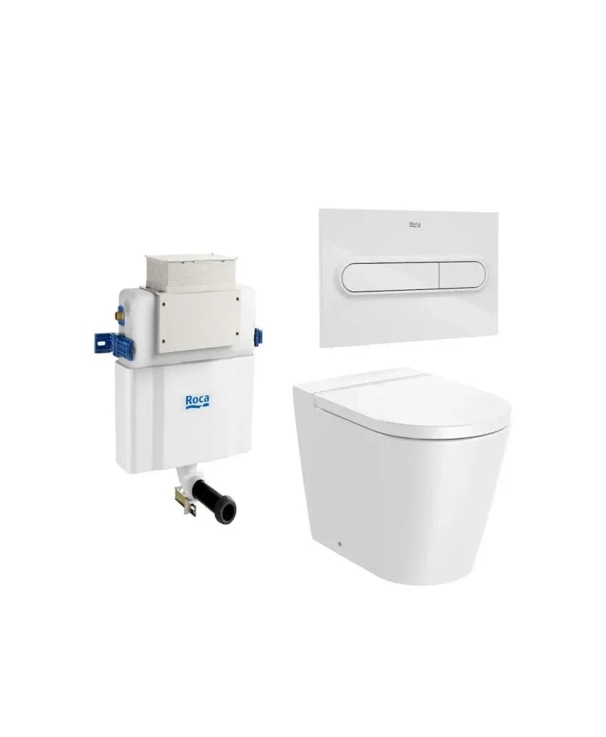 ROCA ROUND Inspira Pacote de vaso sanitário fixado na parede Rimless com saída dual, tampa com amortecimento, placa e caixa acoplada