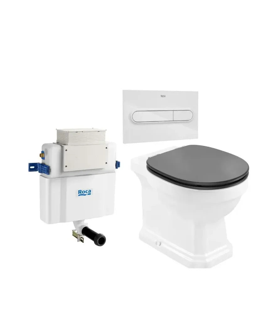 ROCA CARMEN Paqüete de vaso sanitário com saída dual Rimless 56 cm de profundidade, tampa amortecida cinza escuro, caixa acoplada e botão de descarga
