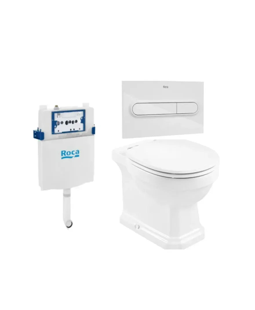 ROCA CARMEN Pacote de vaso sanitário de saída dupla Rimless 56 cm de profundidade com assento com amortecimento, caixa acoplada e placa