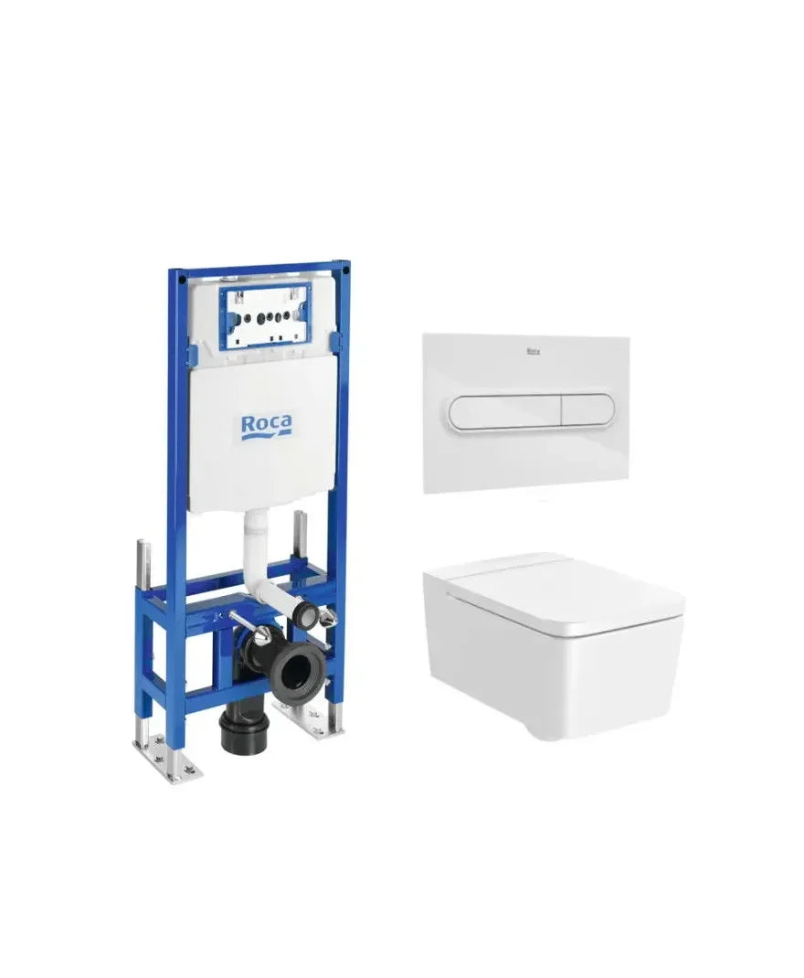 ROCA SQUARE Pack vaso sanitário suspenso Rimless de saída horizontal, placa de acionamento, caixa de descarga e tampa com amortecimento
