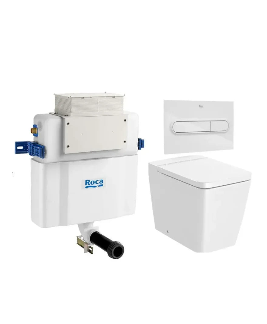 ROCA SQUARE Inspira Pacote de vaso sanitário com tampa amortecida, fixado na parede, Rimless, saída dual com caixa acoplada e botão