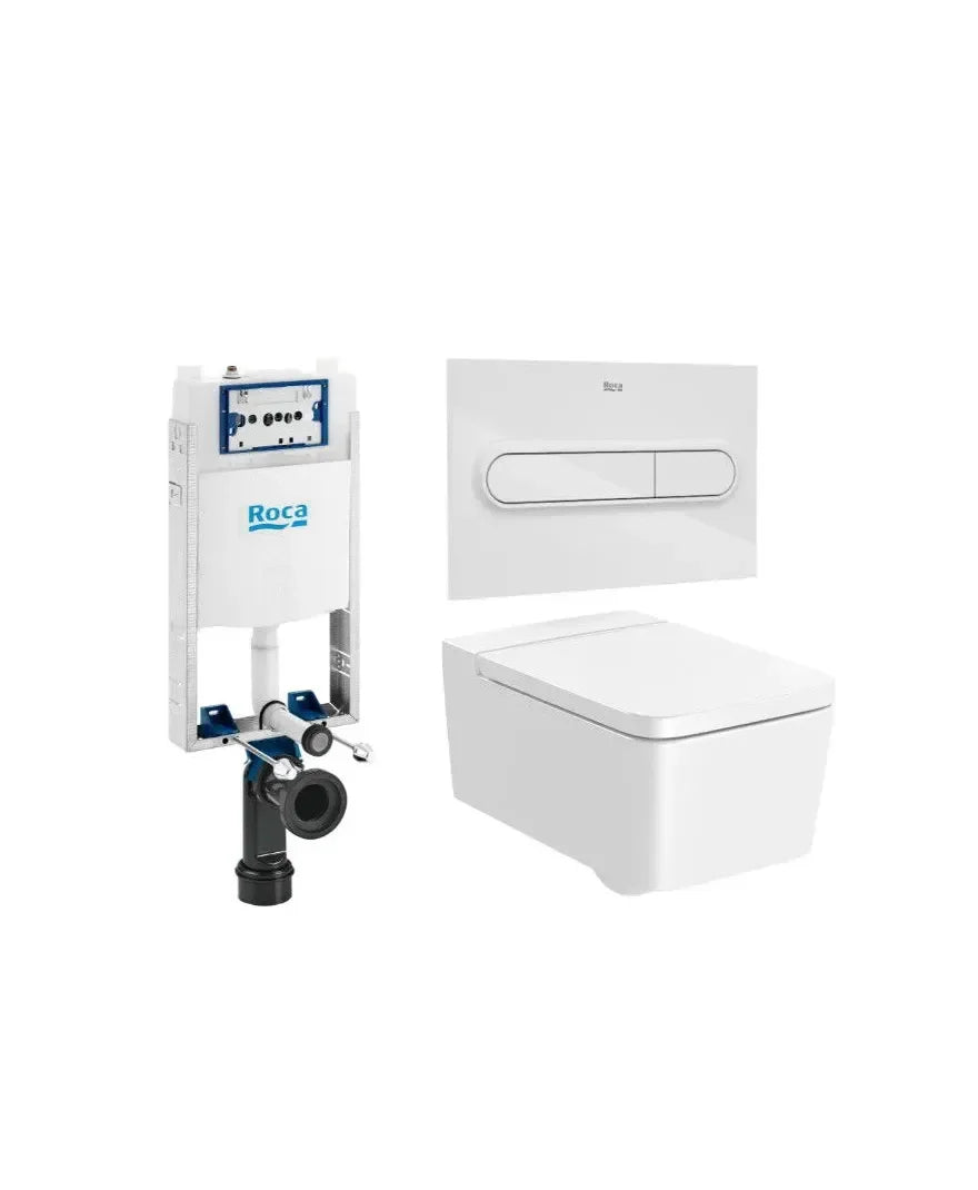 ROCA SQUARE Pacote de vaso sanitário suspenso Rimless com botão de descarga, tampa e caixa acoplada com saída horizontal