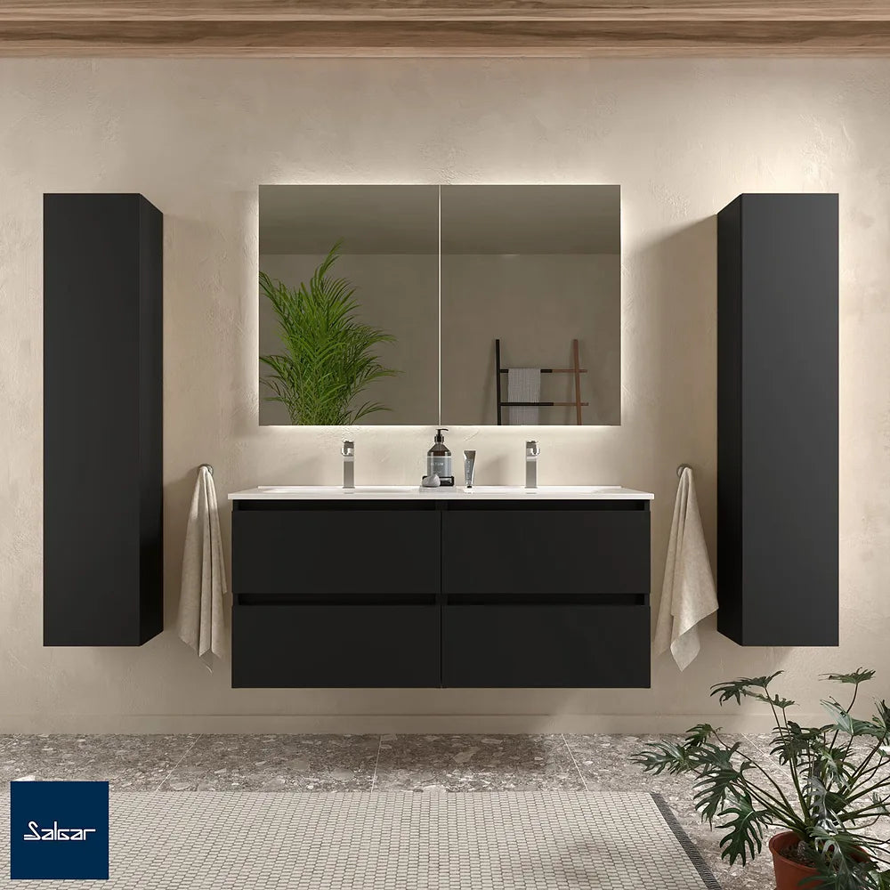 Mueble de Baño Suspendido con Doble Lavabo y 4 Cajones Salgar Bequia 121 cm Negro Mate - Vista 1