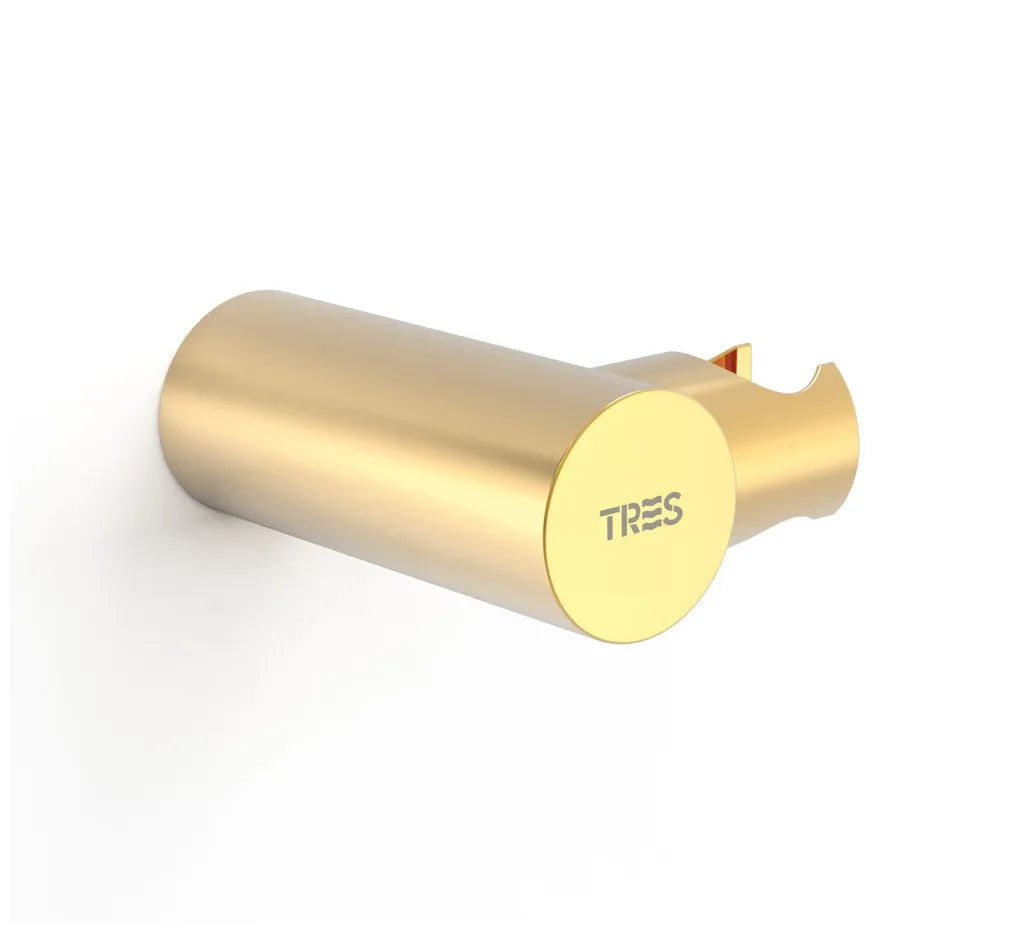 Soporte de ducha para empotrar en pared con rociador orientable, latón con acabado en color oro TRES 0