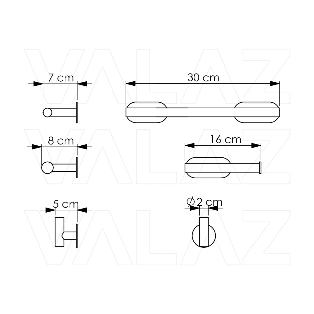 Vista principal de Accesorios de baño adhesivos oro mate PVD redondo, toallero de 30 cm, portarrollos y 2 perchas de Valaz