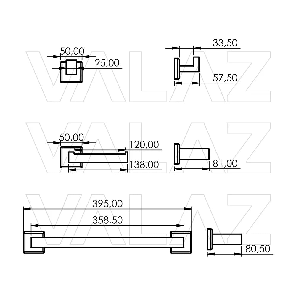 Vista principal de Accesorios de baño cuadrados en dorado cepillado con toallero percha portarrollos de Valaz