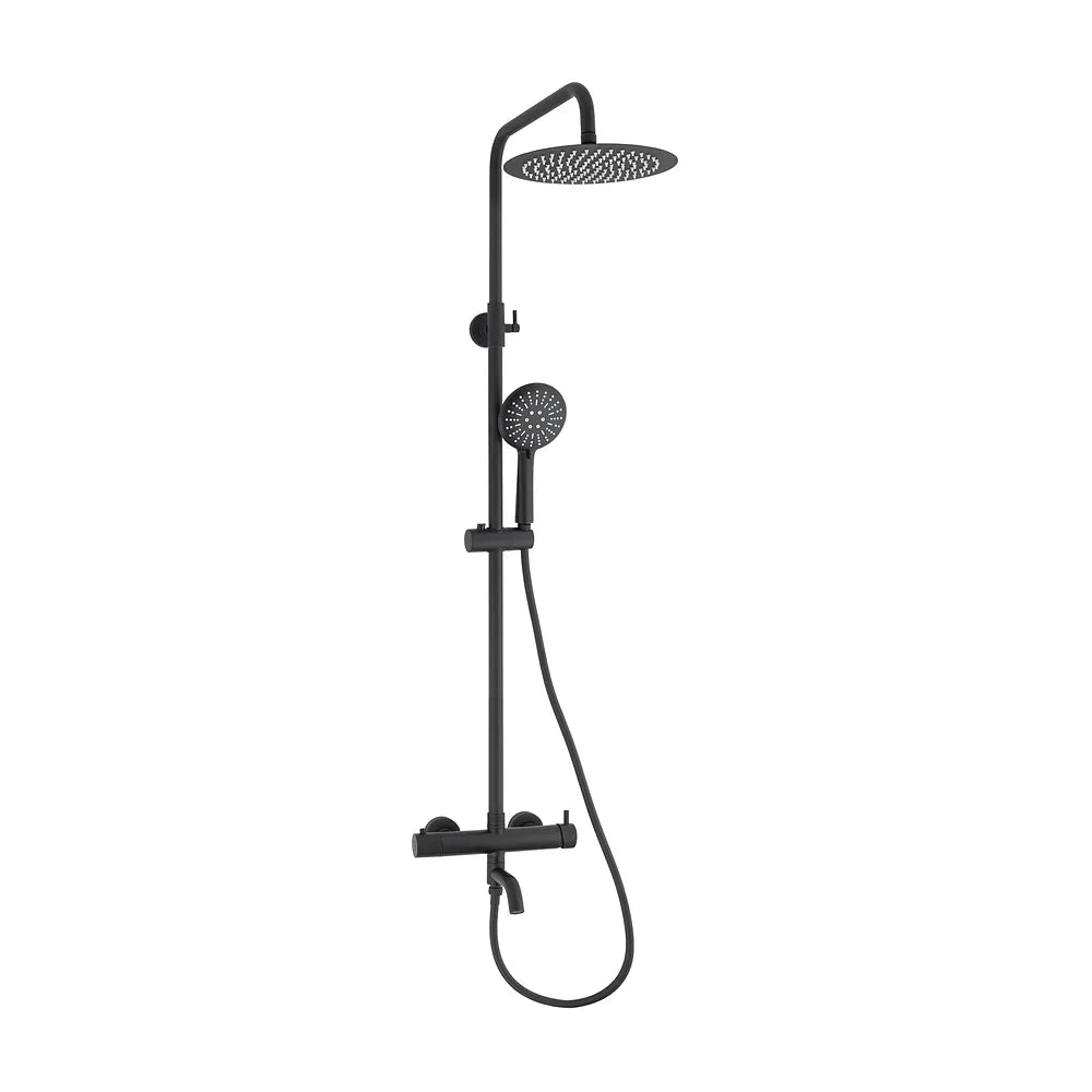 Barra de ducha monomando redonda negro mate altura 90 a 150 cm con rociador fijo y alcachofa Jabalón de Valaz Valaz