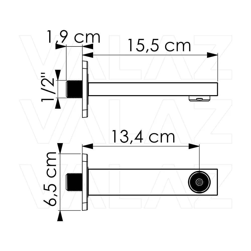 Vista principal de Caño cuadrado de diseño moderno en dorado cepillado de 15 cm, rosca 1/2 de Valaz