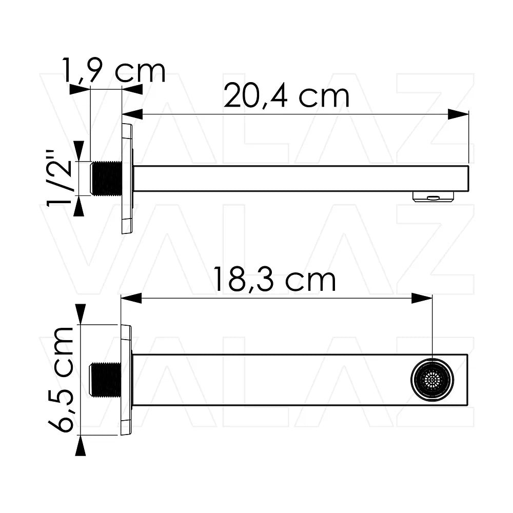 Vista principal de Caño cuadrado diseño moderno dorado cepillado 21 cm rosca 1/2 de Valaz