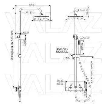 Vista principal de Columna de ducha extensible con grifo monomando en latón y acero inoxidable en negro mate Palancia de...