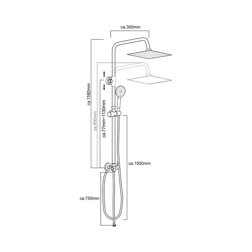 Plano o detalle técnico de Columna de ducha moderna ajustable cuadrada cromada acero inoxidable de Valaz
