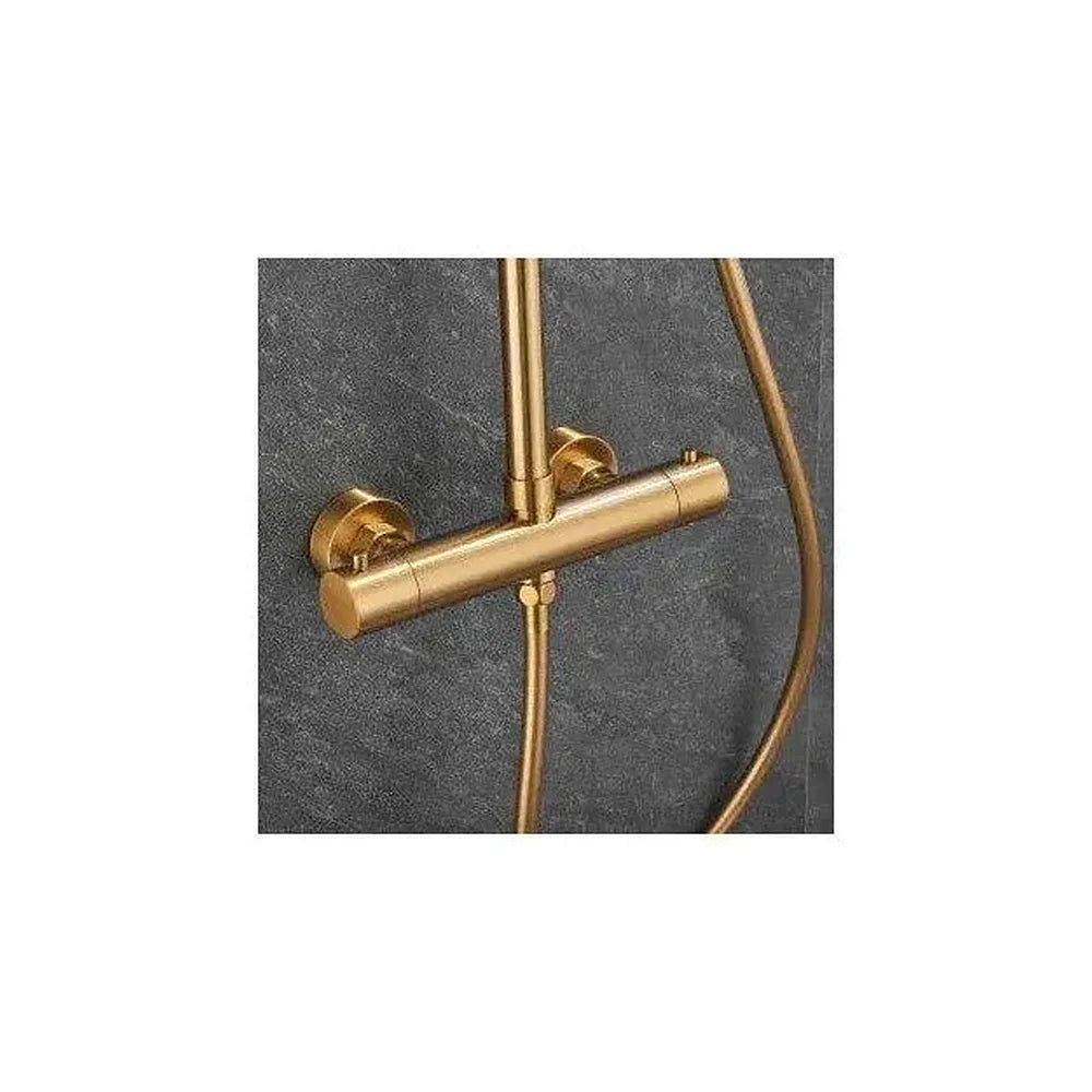 Detalle de funcionamiento de Columna de ducha termostática ajustable con rociador y alcachofa de mano en dorado cepillado...