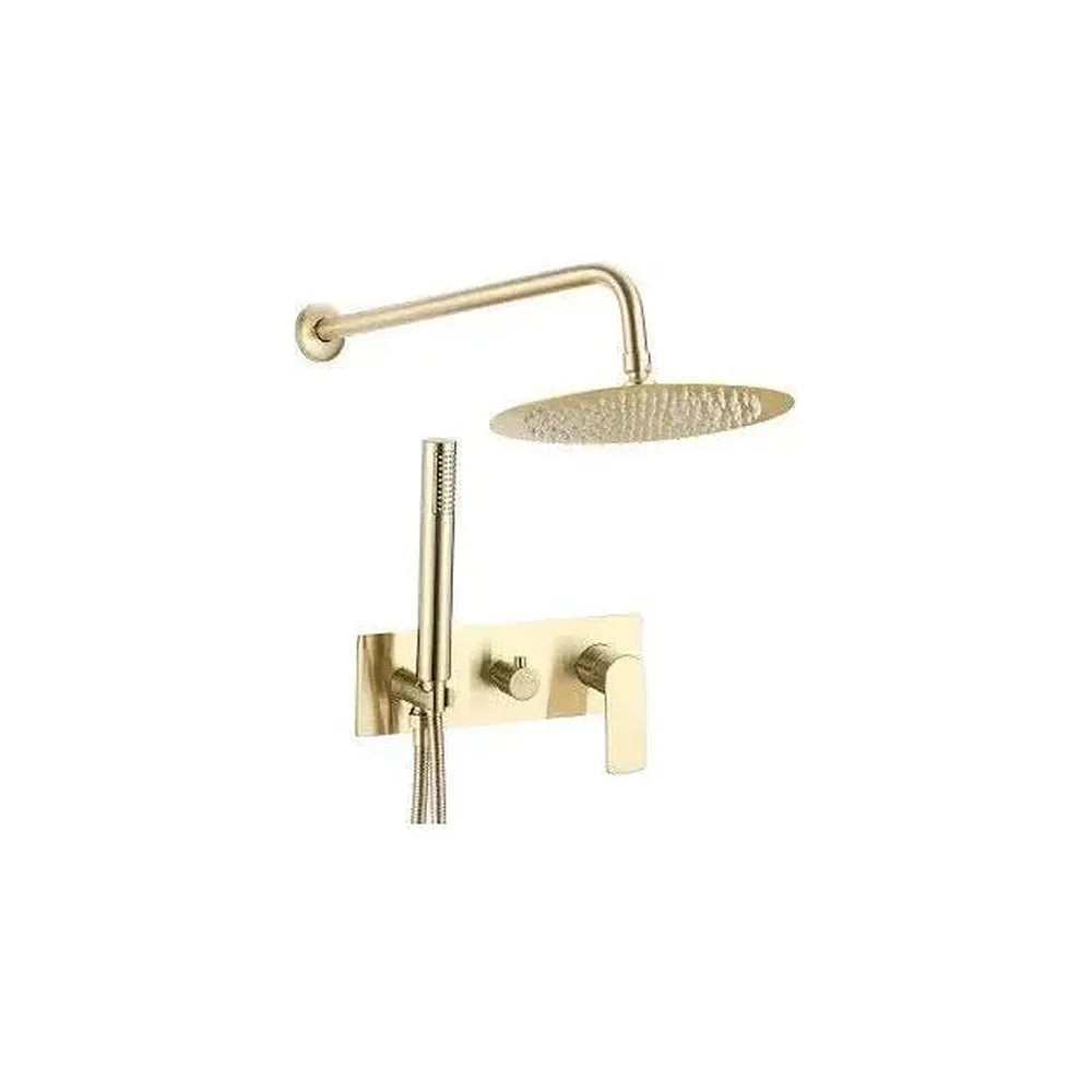 Conjunto de ducha empotrado a pared monomando redondo con embellecedor rectangular en dorado cepillado Sil de Valaz Valaz