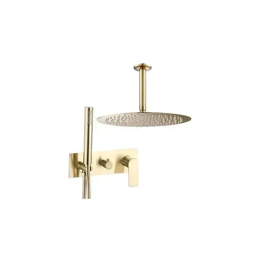 Conjunto de ducha empotrado a techo monomando redondo con embellecedor rectangular en dorado cepillado Sil de Valaz Valaz
