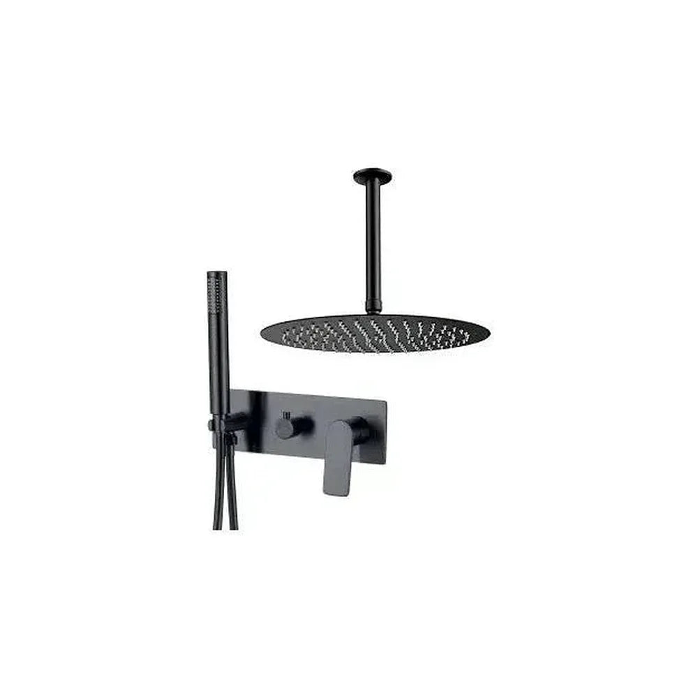 Conjunto de ducha empotrado a techo monomando redondo con embellecedor rectangular en negro mate Sil de Valaz Valaz