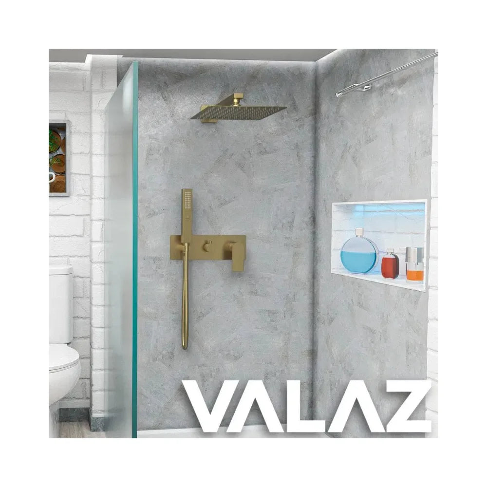 Plano o detalle técnico de Conjunto de ducha monomando empotrado a pared cuadrado en dorado cepillado Miño de Valaz