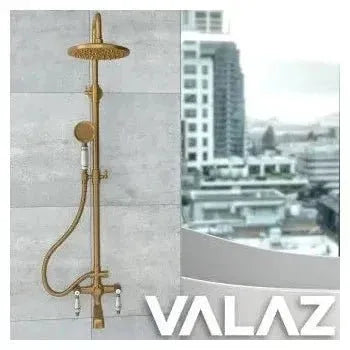 Vista principal de Conjunto para ducha y bañera de diseño vintage con terminaciones redondas en dorado envejecido Mijares...
