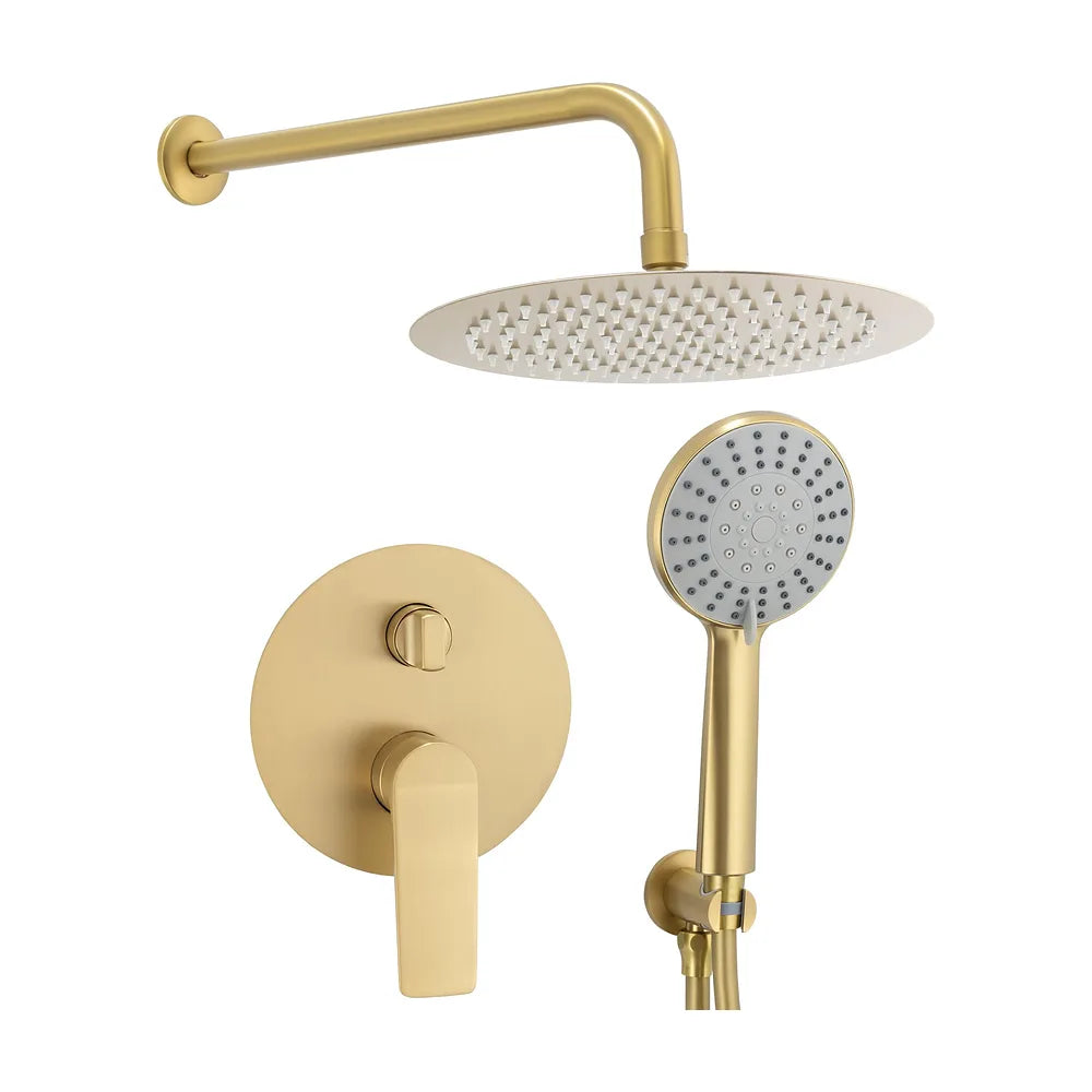 Ducha empotrada a pared redonda de 2 vías con rociador de 20 cm en oro mate y PVD Vaca de Valaz Valaz