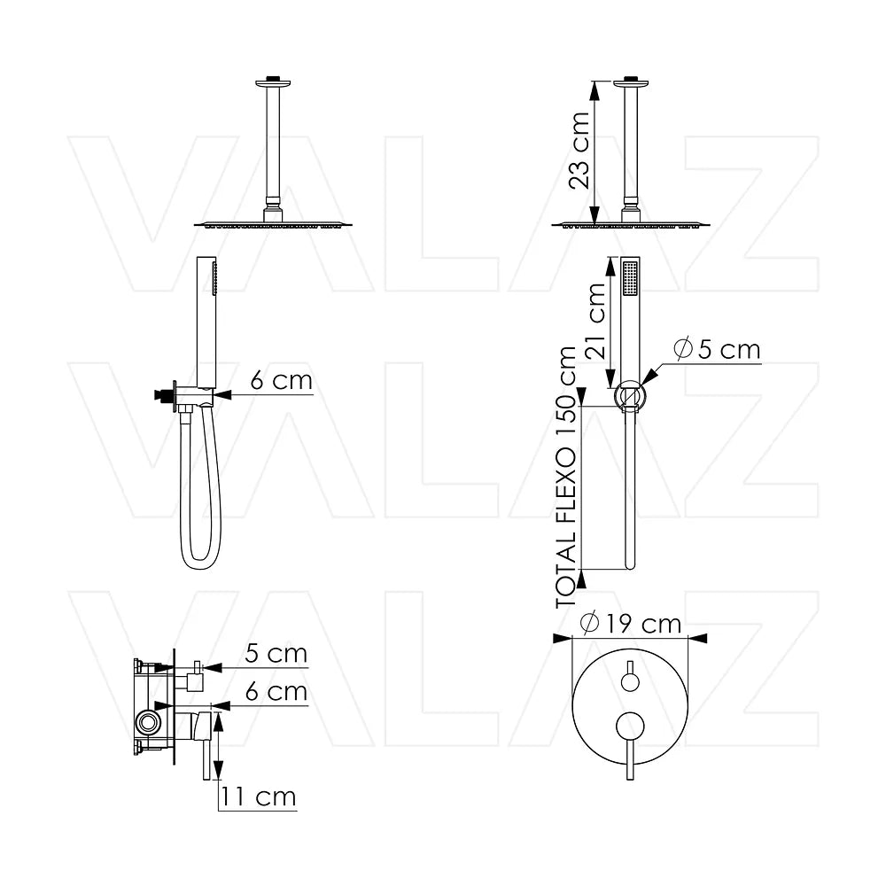 Vista lateral y perspectiva de Ducha empotrada monomando a techo redonda con rociador de 25 cm en dorado envejecido Júcar...
