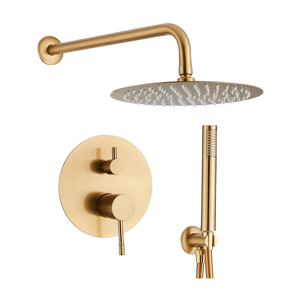 Ducha empotrada monomando a pared redonda con maneta luxury y rociador de 25 cm en dorado cepillado Ofin de Valaz Valaz