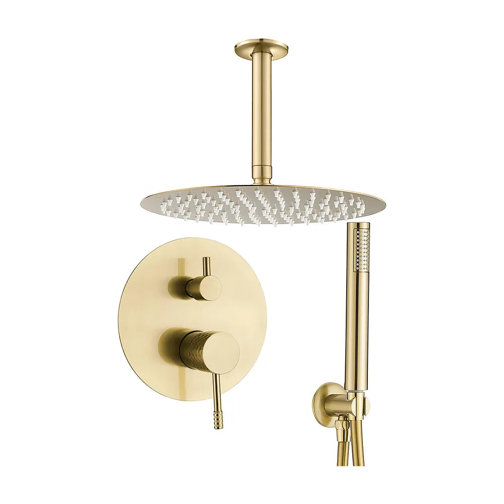 Ducha empotrada monomando a techo redonda con maneta luxury y rociador de 30 cm en dorado cepillado Ofin de Valaz Valaz