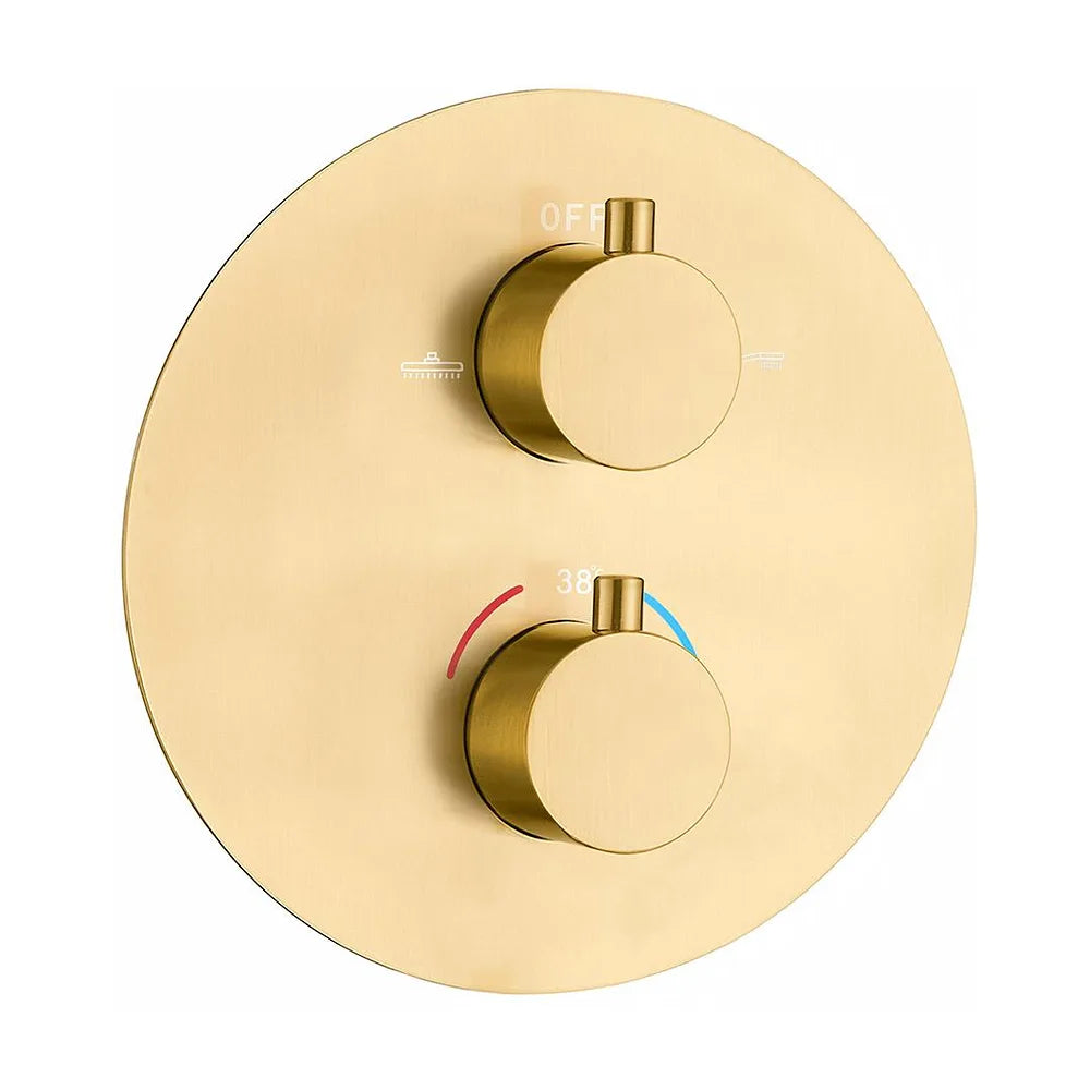 Plano de medidas y cotas técnicas de Ducha empotrada termostática a techo redonda con rociador de 30 cm en dorado...