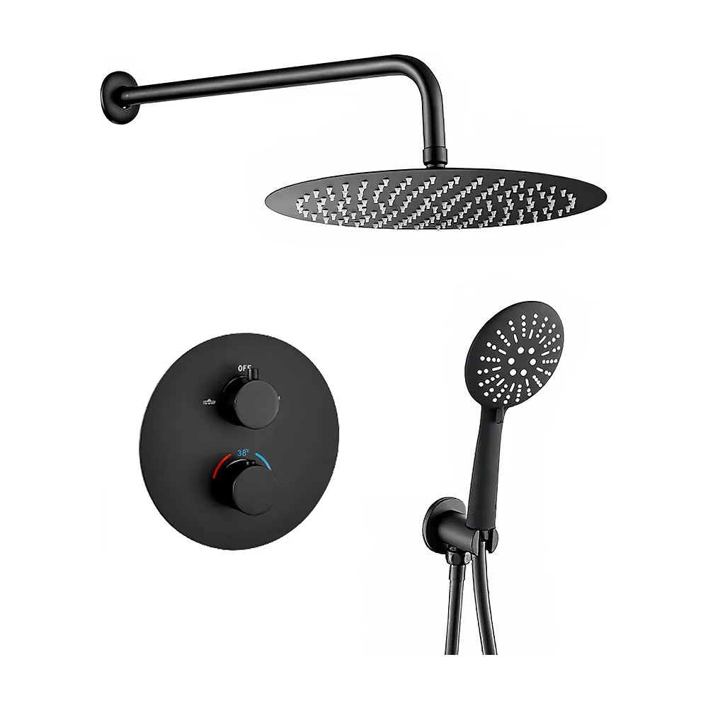 Ducha empotrada termostática a pared redonda con rociador de 20 cm en negro mate Cabriel de Valaz Valaz