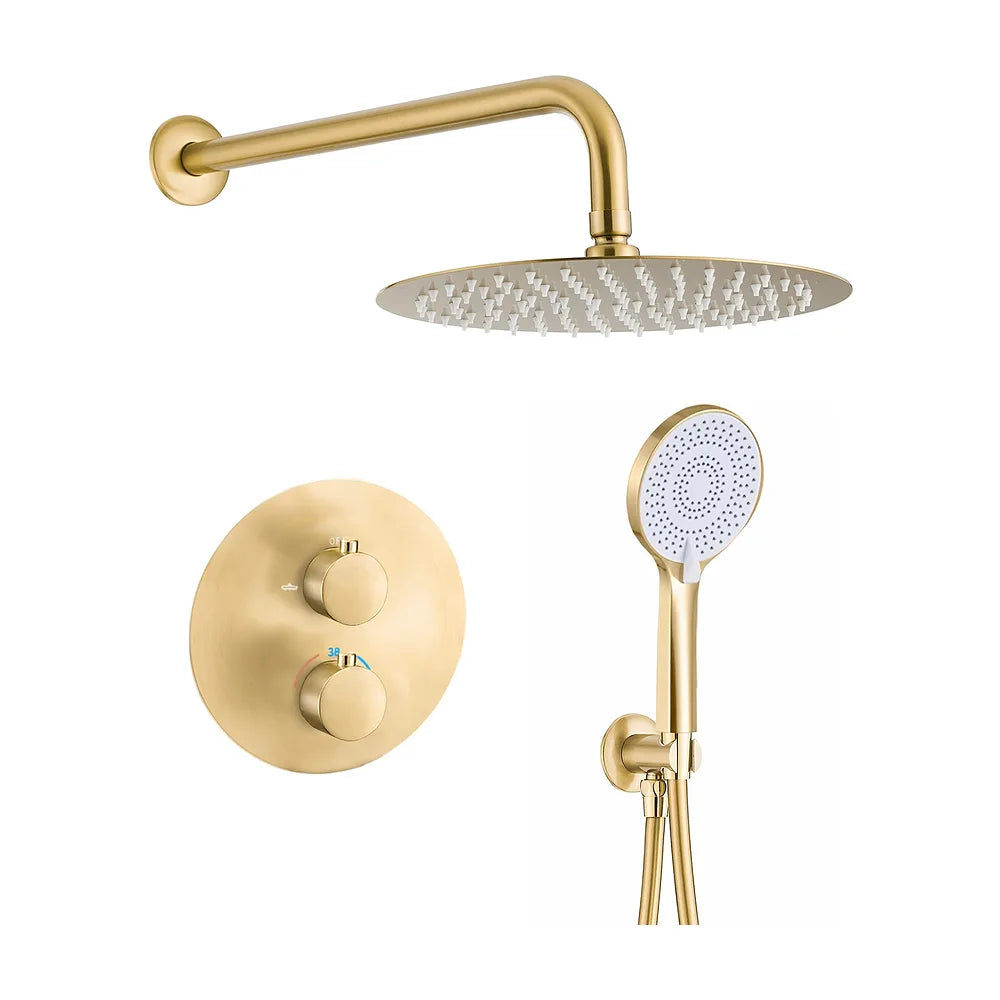 Ducha empotrada termostática a pared redonda con rociador de 25 cm en oro mate y PVD Cabriel de Valaz Valaz
