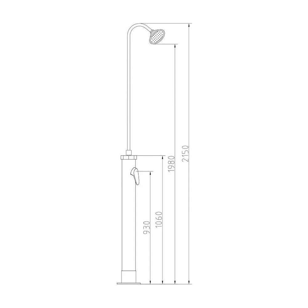 Plano de medidas y cotas técnicas de Ducha solar exterior para jardín y piscina con depósito de 8 litros de Valaz
